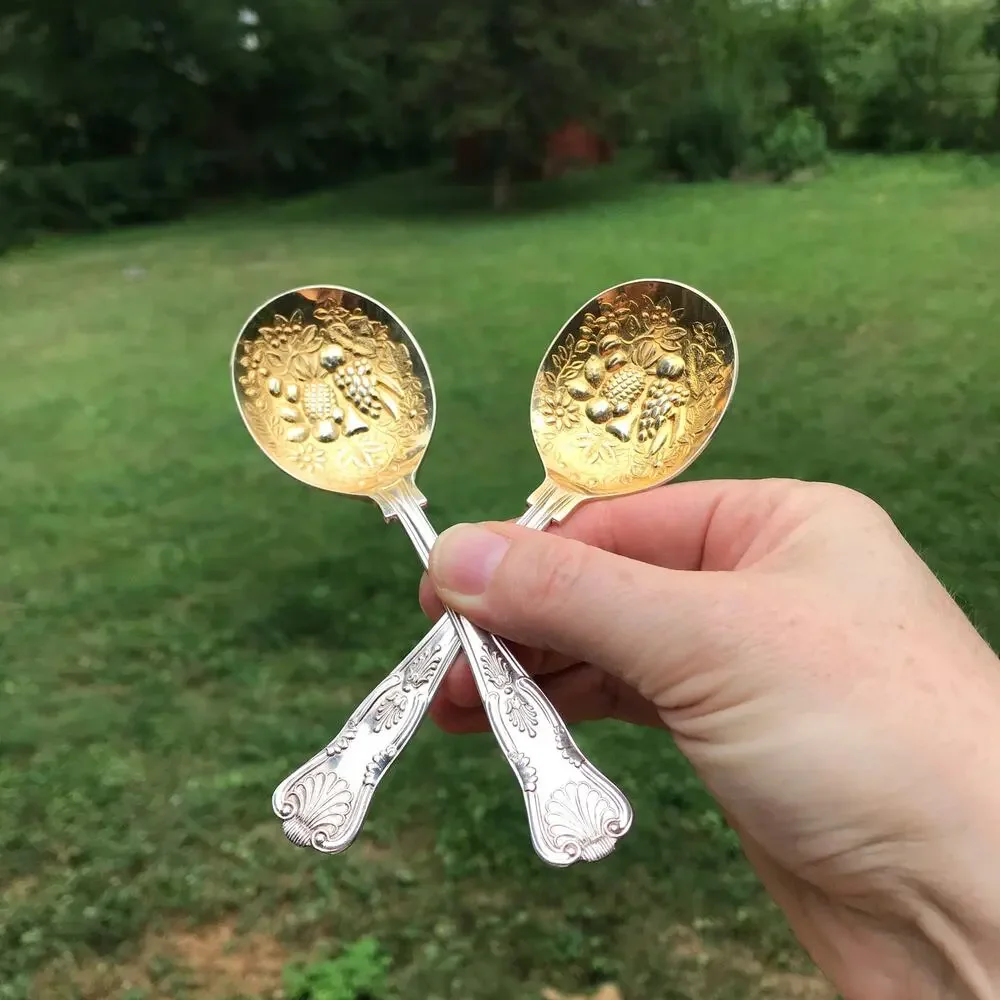 2 W. A. Sheffield KING Silverplate Gold Wash Jelly Spoons - fruit embossed